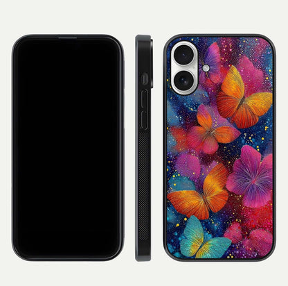 Butterfly Dream Mist Glass Case for iPhone 17 dual-view layout showing mist background and edge polish