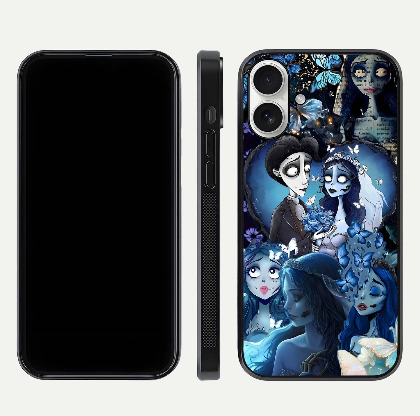 Butterfly Ghost Soul Glass Case for iPhone 17 front-and-back layout highlighting dark art balance and HD shine