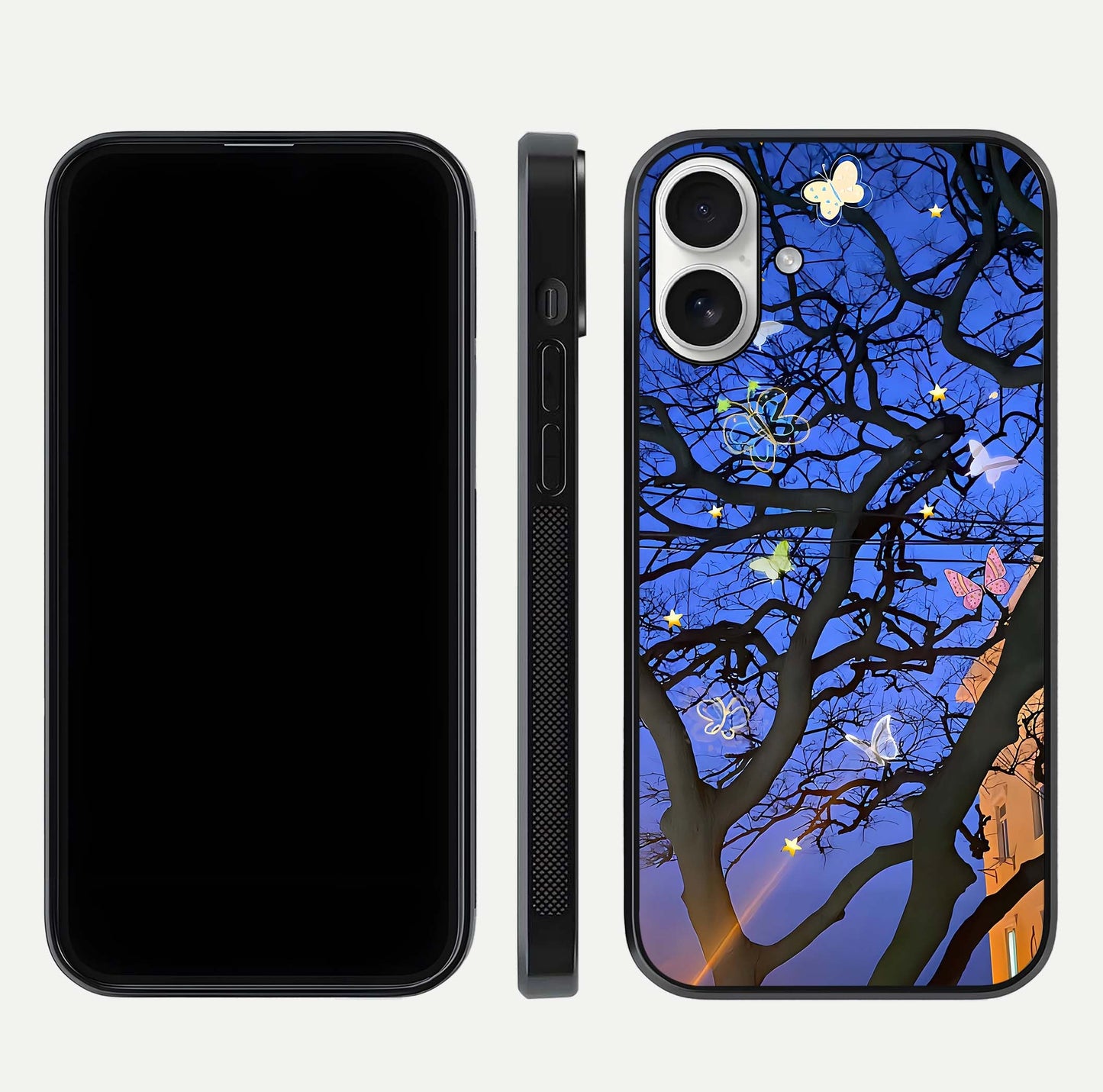 Butterfly Night Magic Glass Case for iPhone 17 dual-view layout displaying balanced art and edge clarity