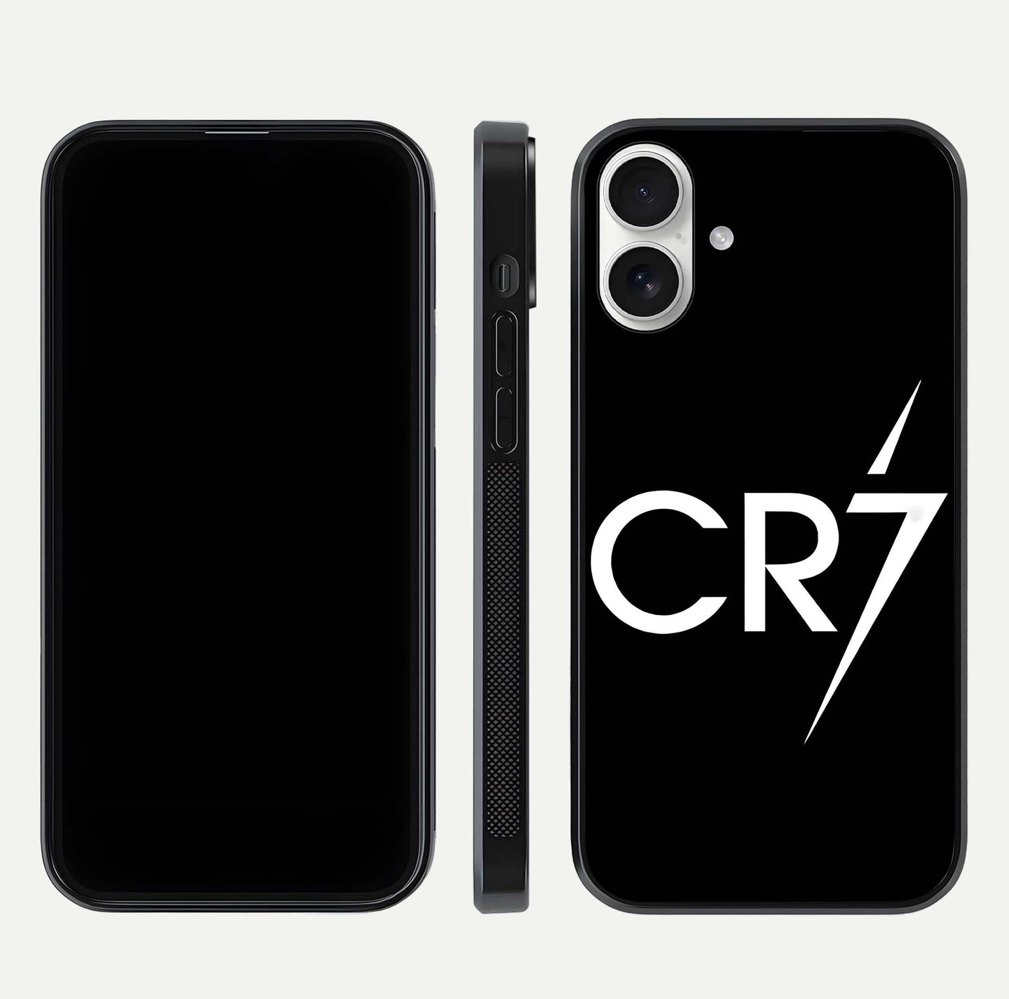 CR7 Elite Strike Glass Case for iPhone 17 dual-view layout showing sport tones and edge clarity