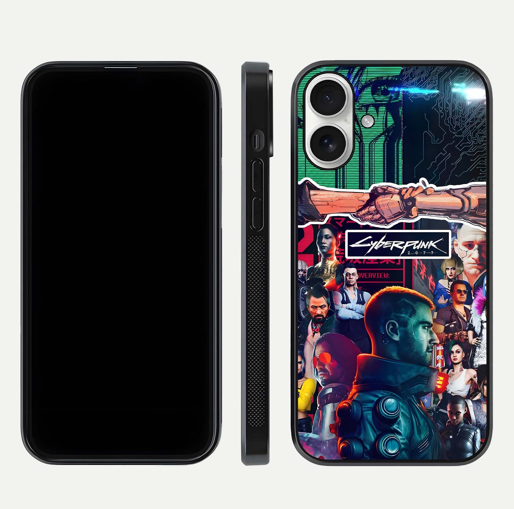 CYBERPUNK Legacy Glass Case for iPhone 17 dual-view layout showing cyberpunk hues and glass precision