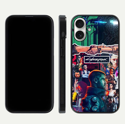 CYBERPUNK Legacy Glass Case for iPhone 17 dual-view layout showing cyberpunk hues and glass precision