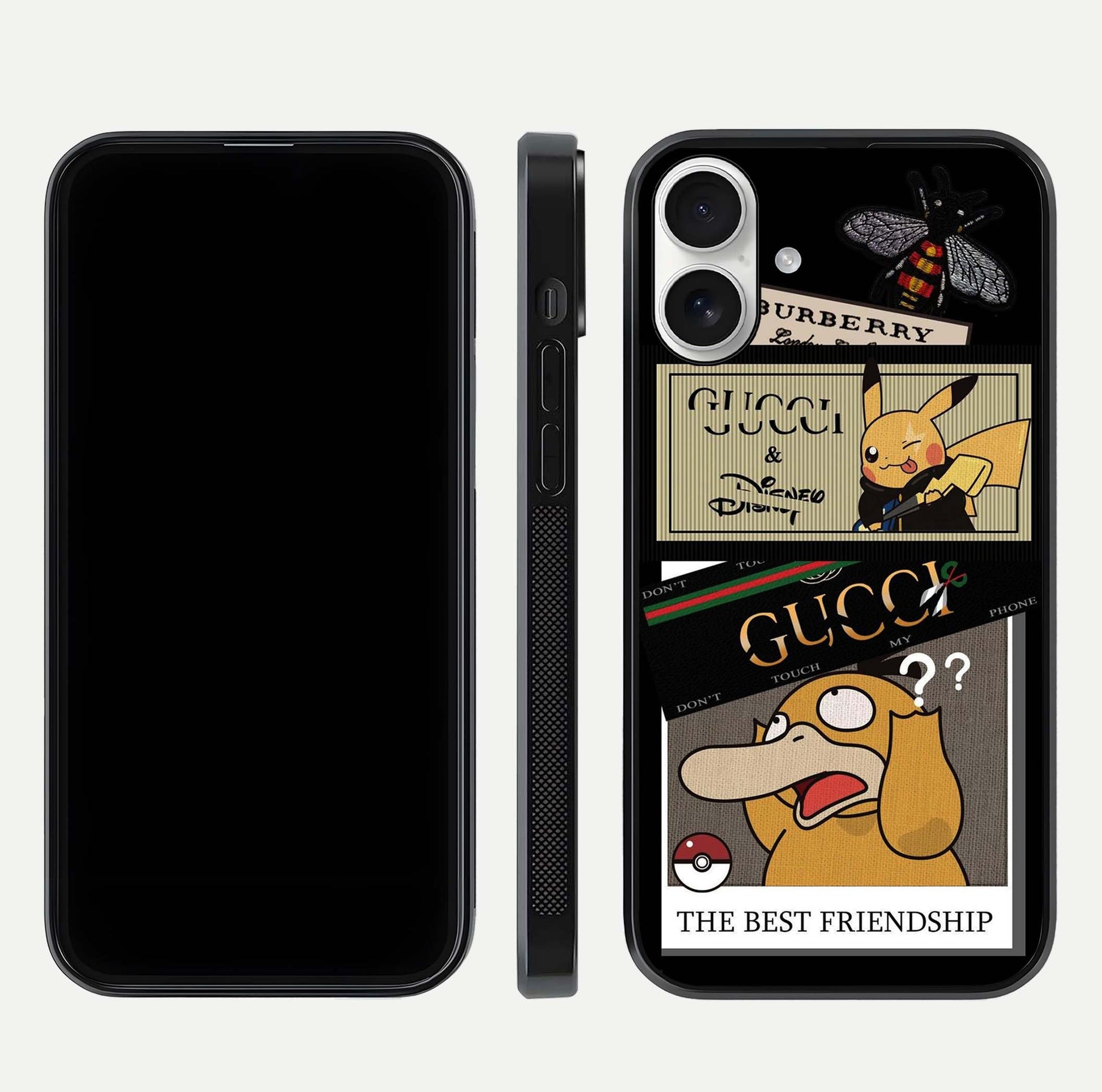 Cartoon Brand Play Mashup Glass Case for iPhone 17 front and back view layout highlighting multi-logo artwork and curved edges