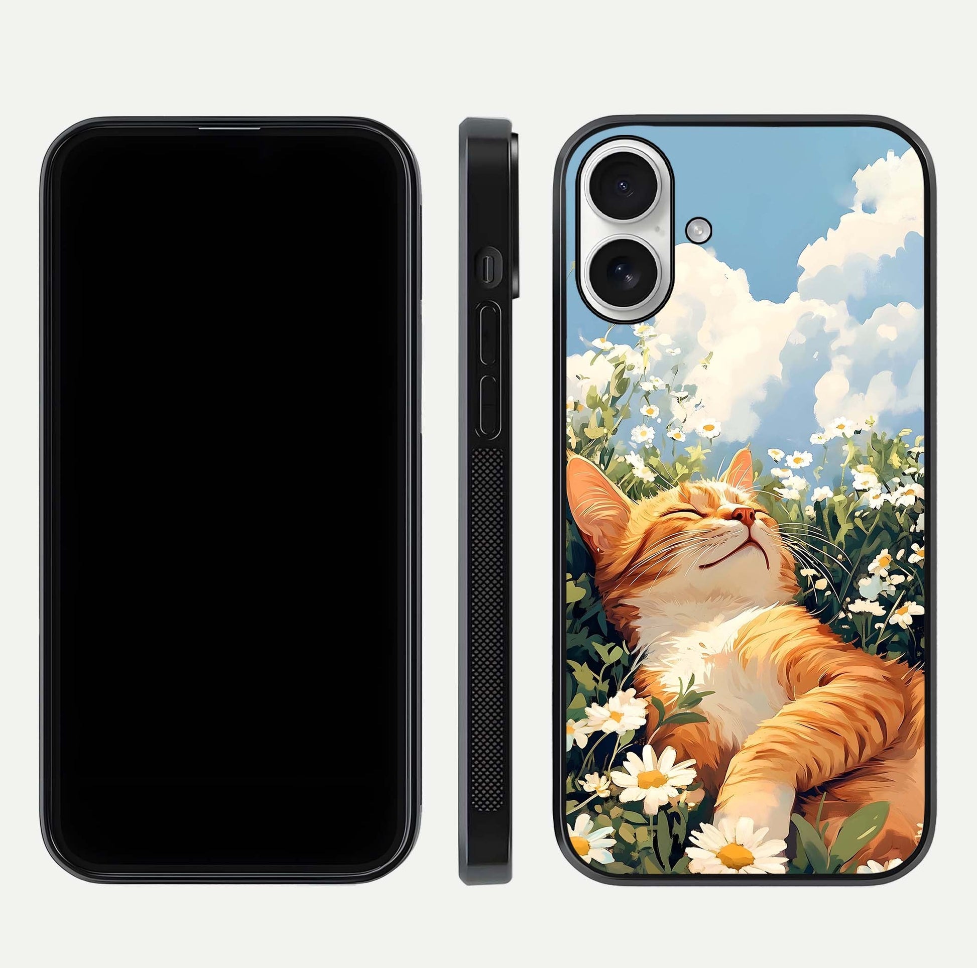 Cat & Flowers View Glass Case for iPhone 17 front-and-back layout showing floral balance and gloss surface