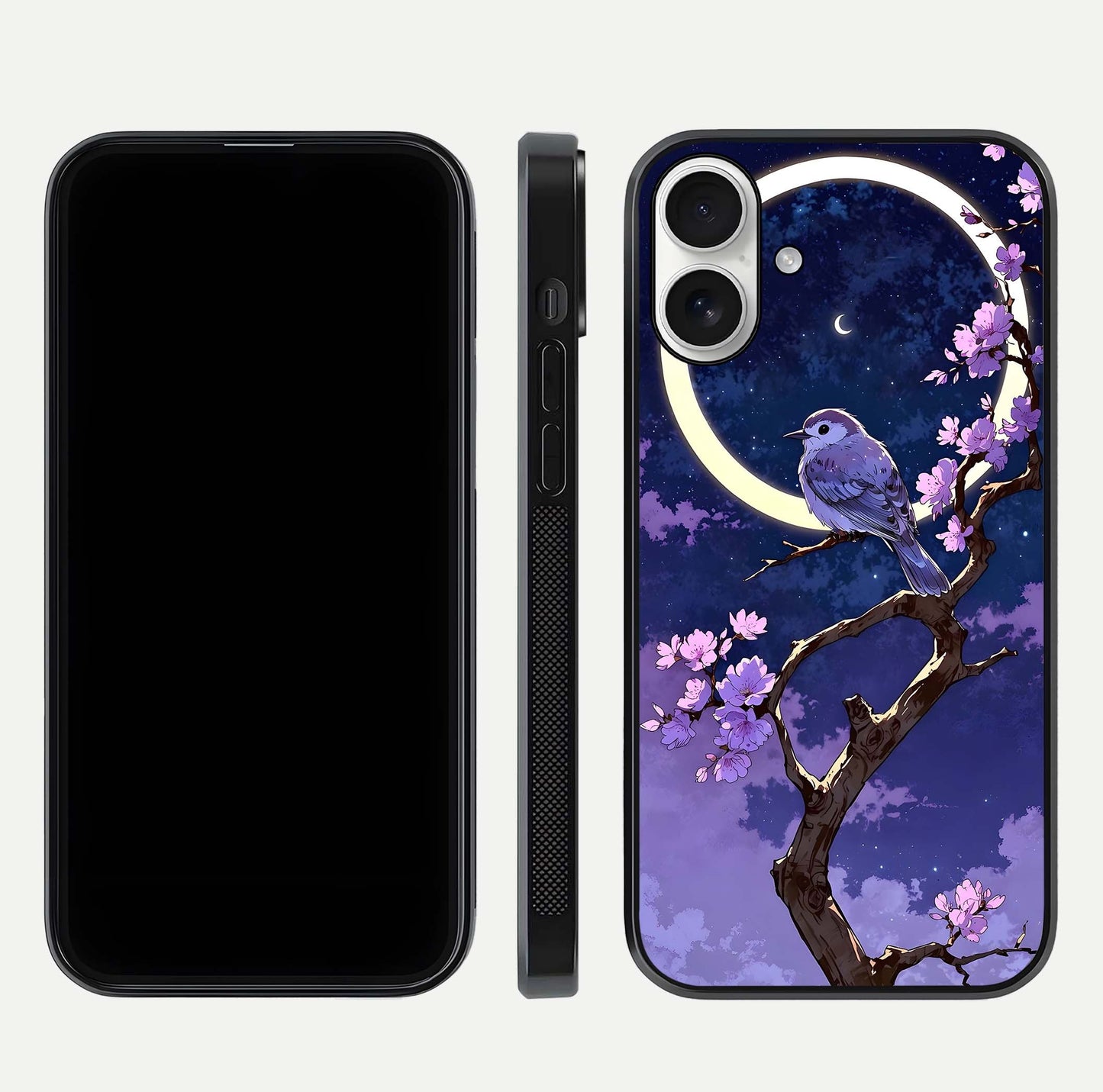 Celestial Bird Blossom Glass Case for iPhone 17 dual-view layout showing art composition and edge clarity