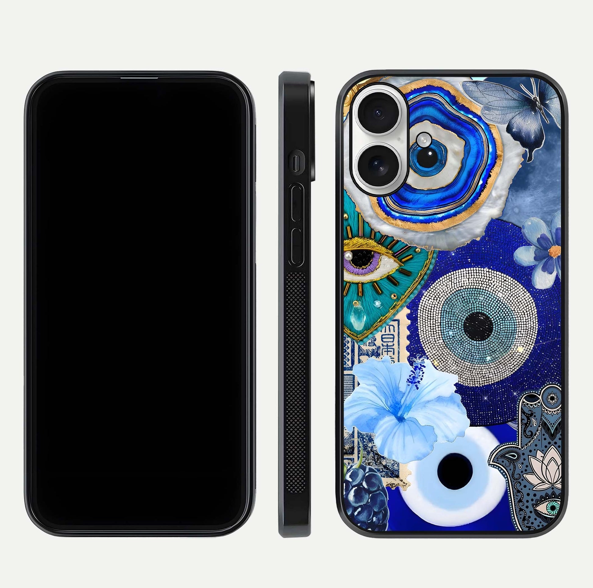Celestial Blue Vision Glass Case for iPhone 17 dual-view layout showing celestial gradient and curved edges