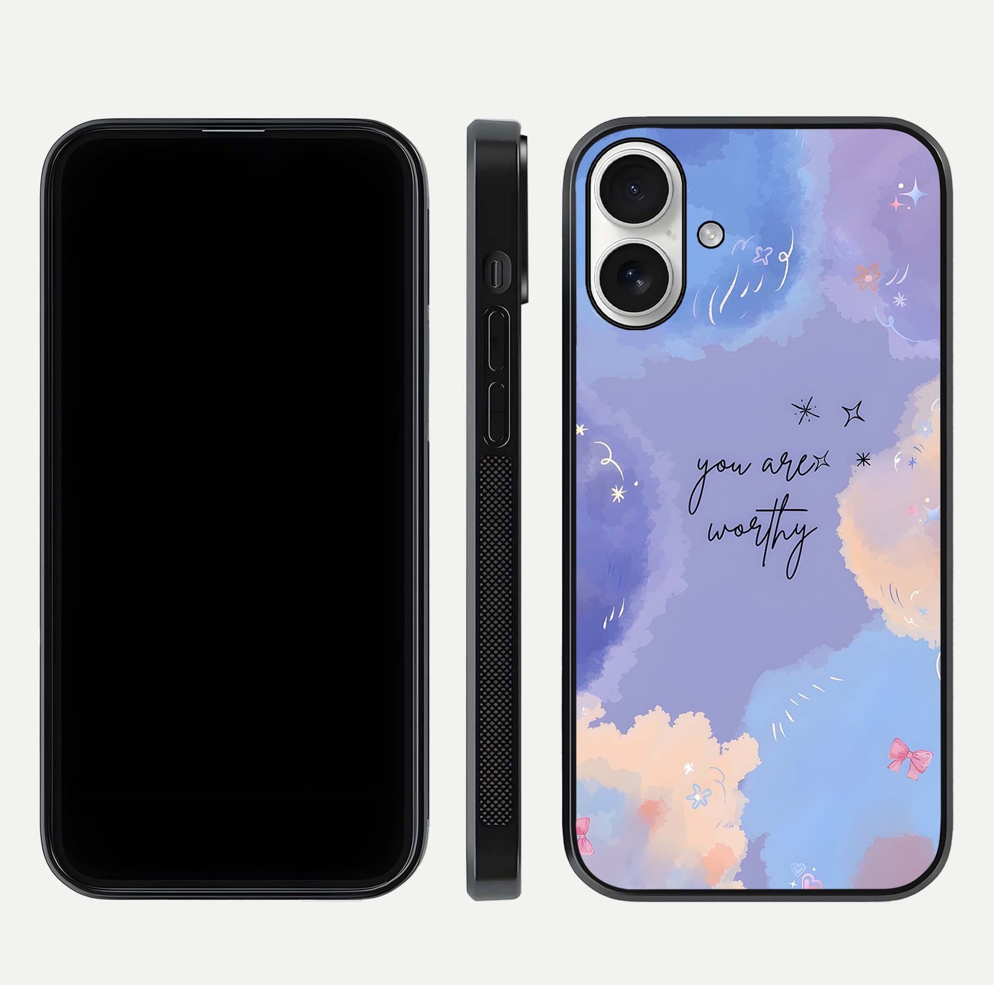 Celestial Cloud Magic Glass Case for iPhone 17 dual-view layout showcasing soft color transition and gloss shine