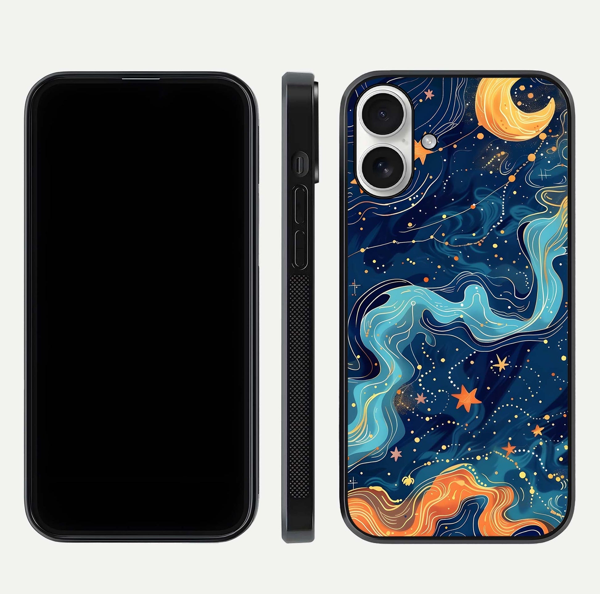 Celestial Dream Flow Glass Case for iPhone 17 dual-view layout showing abstract flow and curved glass