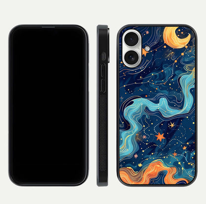 Celestial Dream Flow Glass Case for iPhone 17 dual-view layout showing abstract flow and curved glass