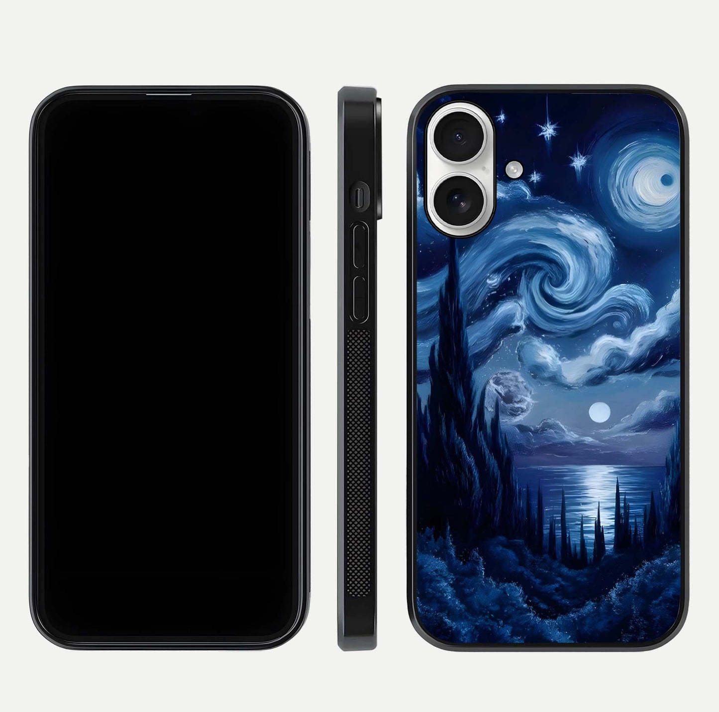 Celestial Dream Van Gogh Glass Case for iPhone 17 dual-view layout displaying art texture and glass polish