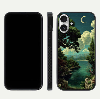 Celestial Lake Peace Glass Case for iPhone 17 dual-view layout showing soft hues and HD shine