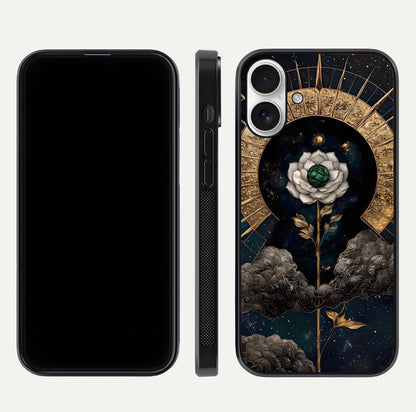 Celestial Lotus Morang Glass Case for iPhone 17 dual-view layout displaying floral symmetry and polished edges