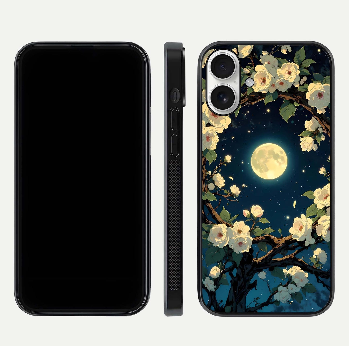 Celestial Moon & Flower Glass Case for iPhone 17 dual-view layout showing balanced lunar art and gloss tone