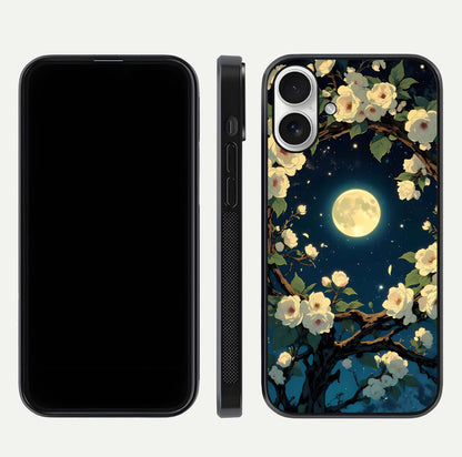 Celestial Moon & Flower Glass Case for iPhone 17 dual-view layout showing balanced lunar art and gloss tone