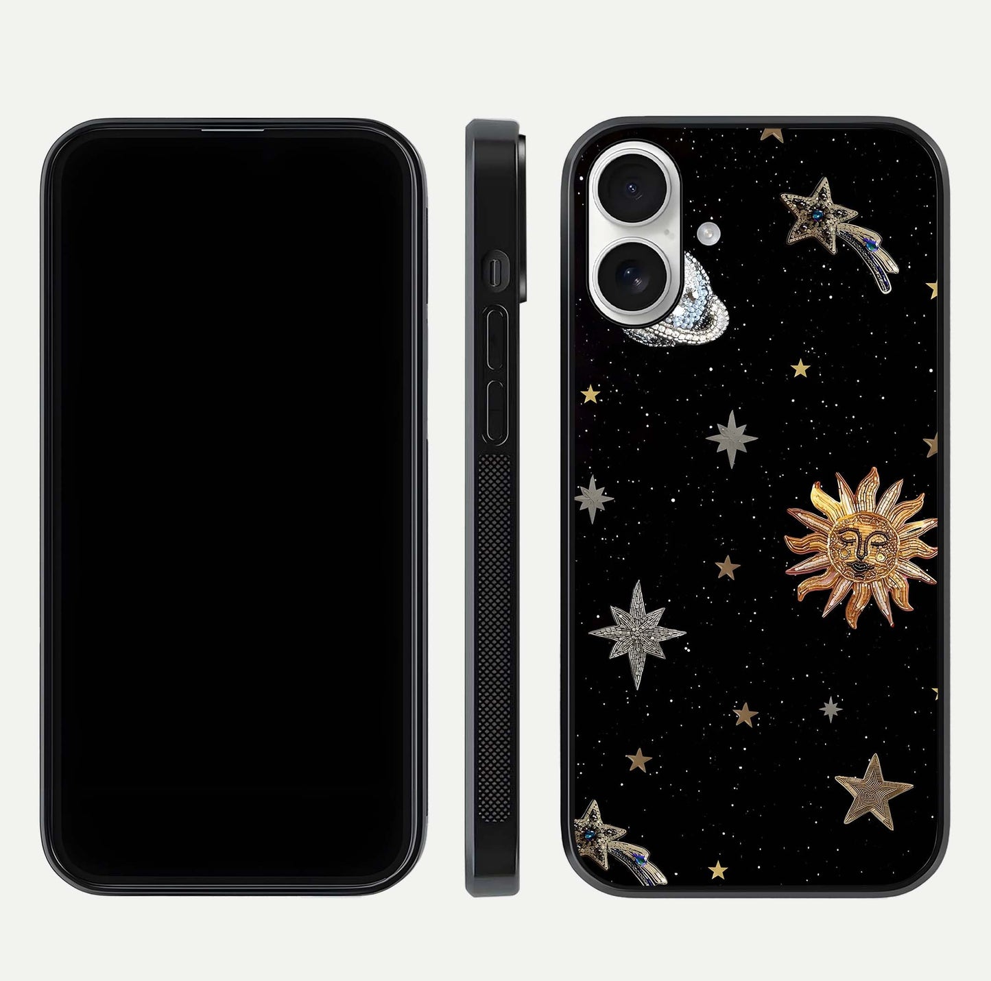 Celestial Moon With Stars Glass Case for iPhone 17 front-and-back layout displaying lunar art and premium finish