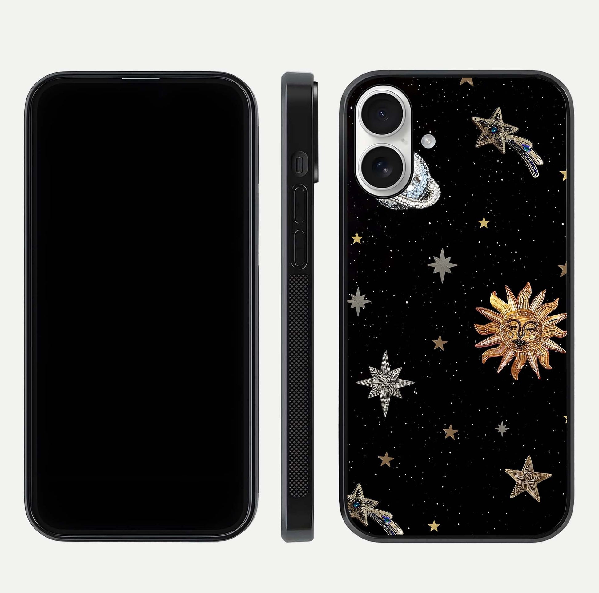 Celestial Moon With Stars Glass Case for iPhone 17 front-and-back layout displaying lunar art and premium finish