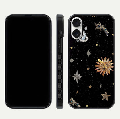 Celestial Moon With Stars Glass Case for iPhone 17 front-and-back layout displaying lunar art and premium finish