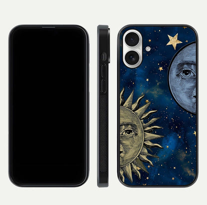 Celestial Moon With Sun Glass Case for iPhone 17 dual-view layout showing luminous pattern and curved edges