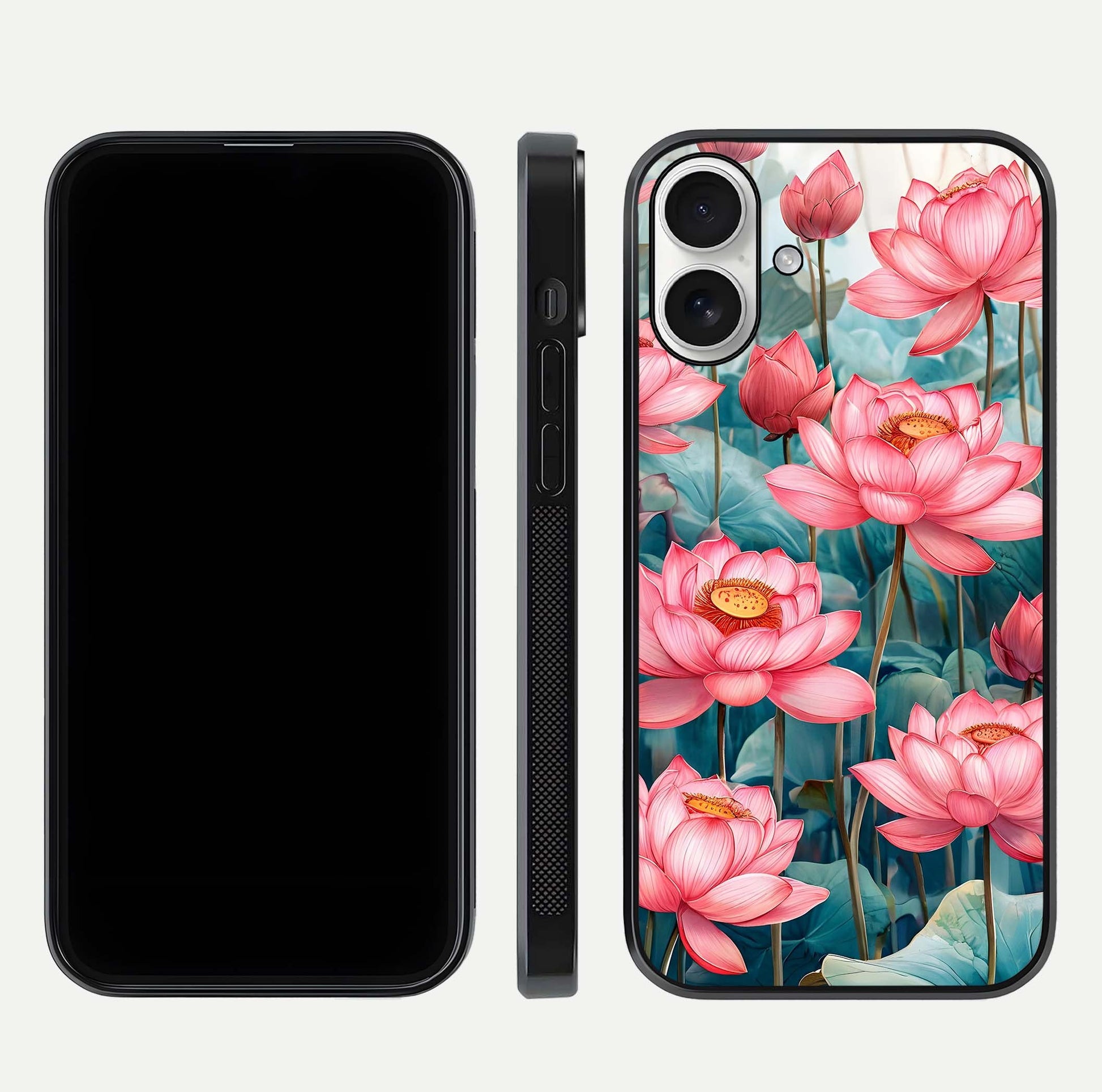 Celestial Pink Lotus Glass Case for iPhone 17 dual-view layout showing floral center and smooth edges