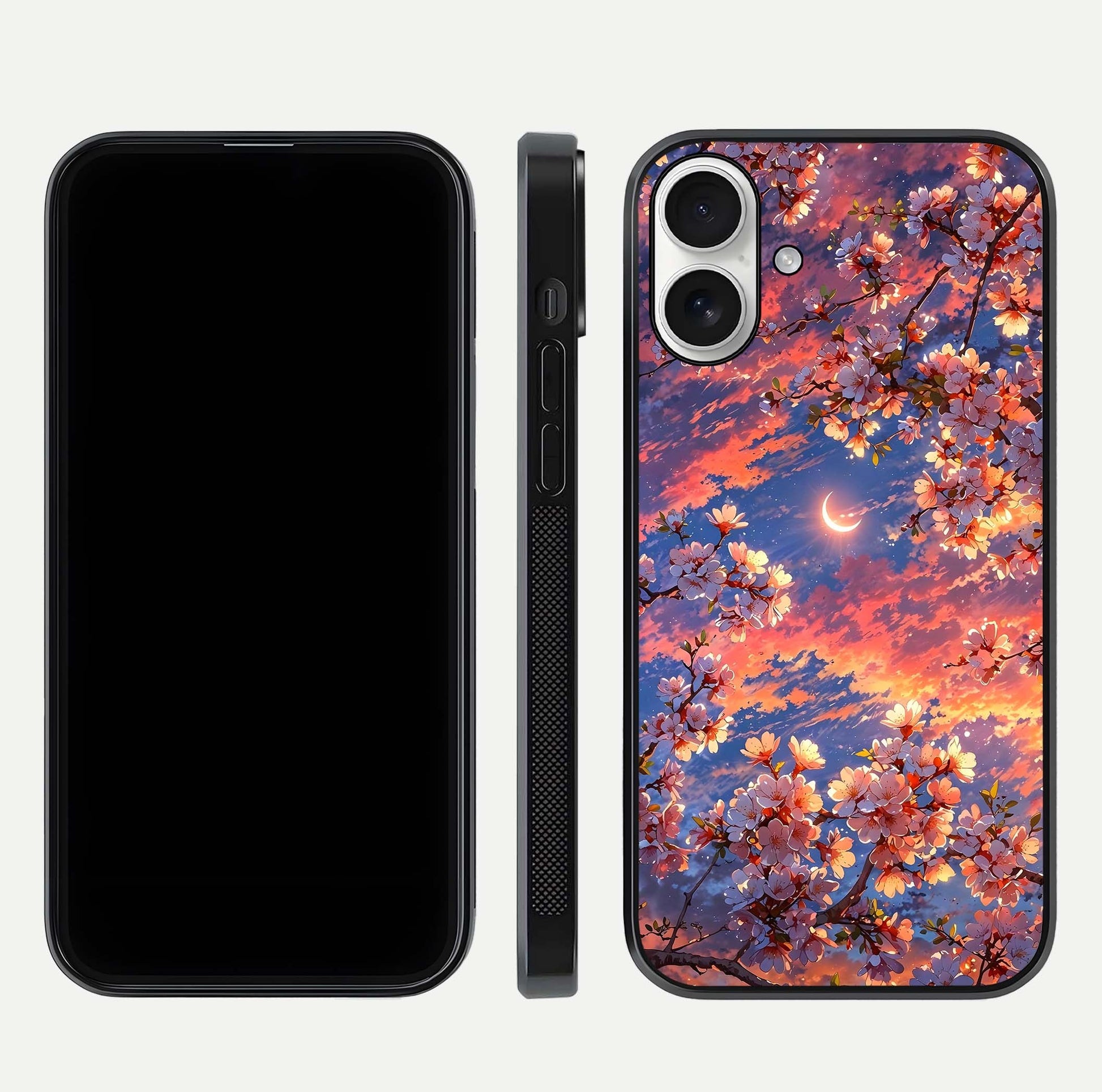 Celestial Sakura Sunset Glass Case for iPhone 17 dual-view layout showing floral gradient and reflection polish