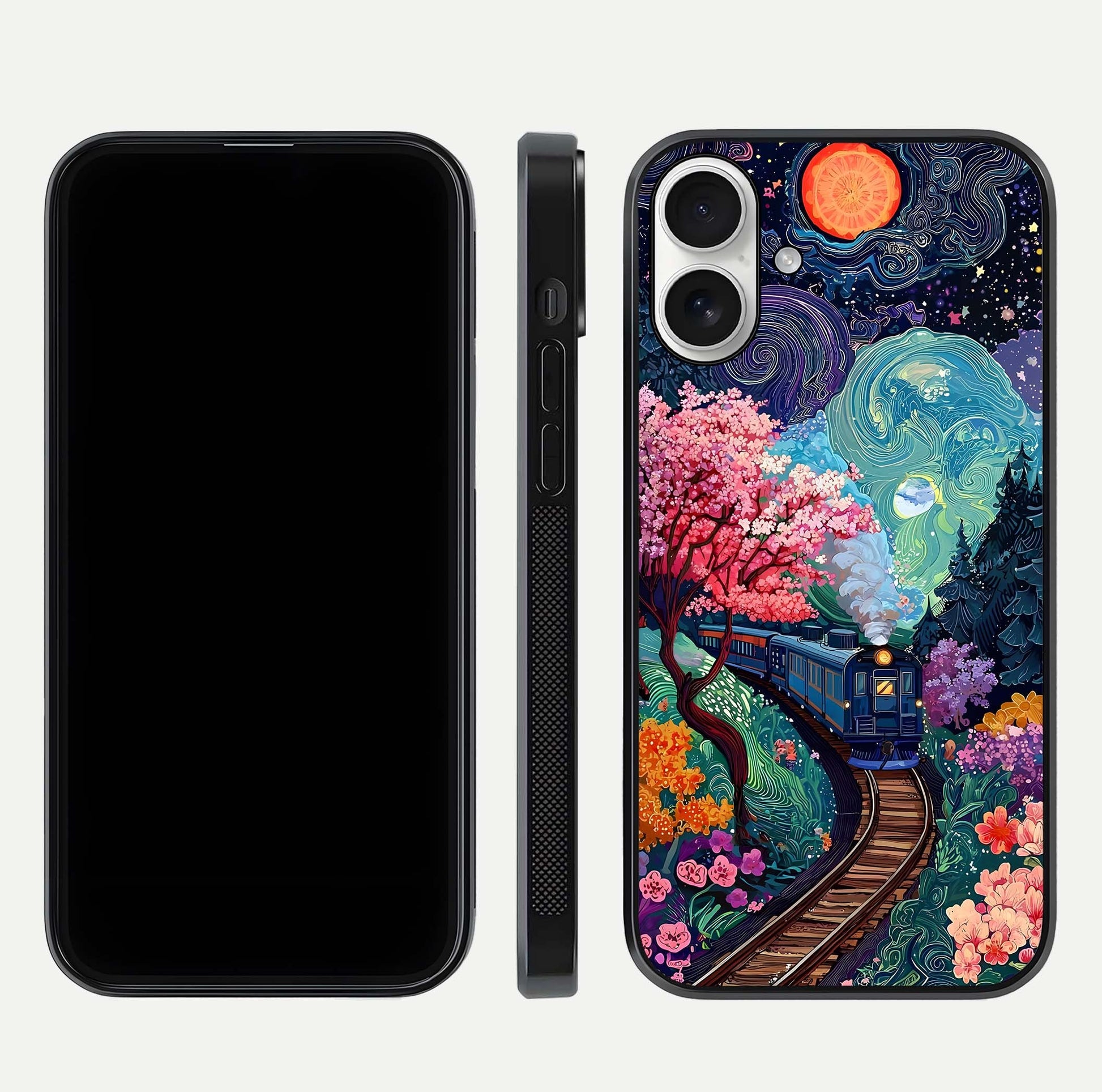 Celestial Train Journey Glass Case for iPhone 17 dual-view layout showing cosmic art balance and curved glass edges