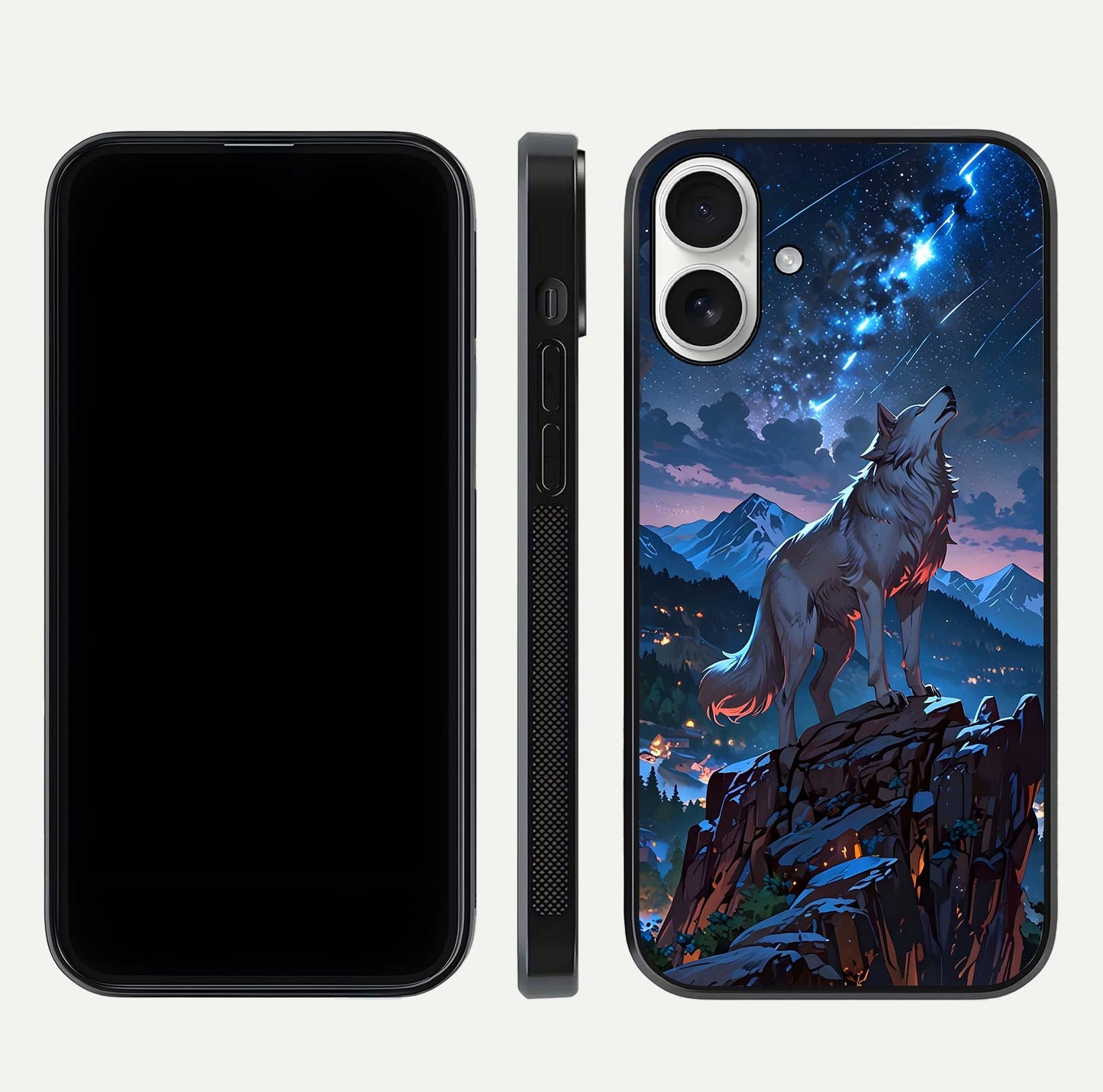 Celestial Wolf Howl Glass Case for iPhone 17 dual-view layout displaying night tones and protective glass edges