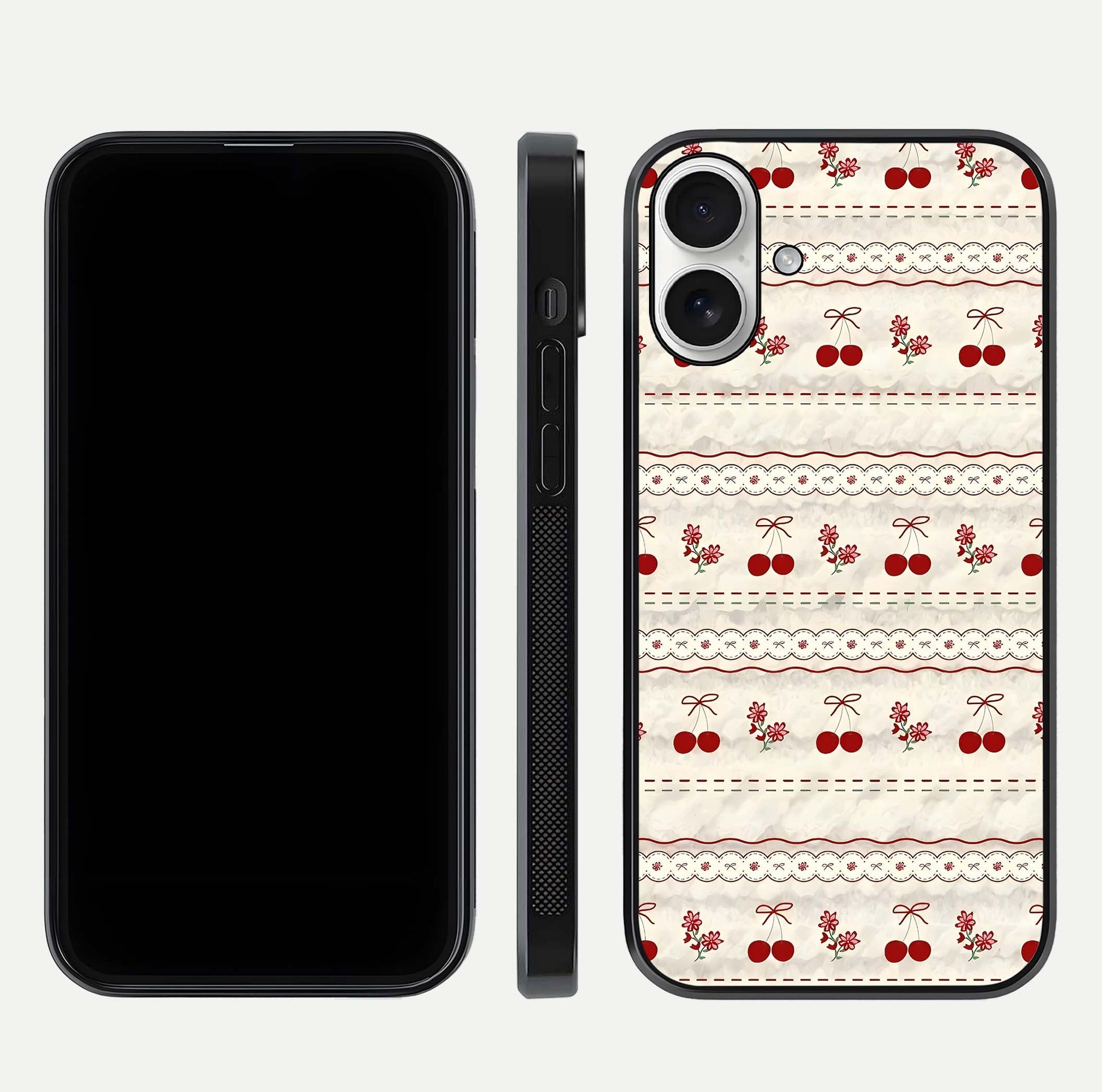 Cherry Bloom Charm Glass Case for iPhone 17 front-and-back layout displaying floral art and smooth finish
