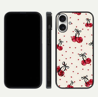 Cherry Heart Bow Glass Case for iPhone 17 front-and-back view showing design clarity and edge protection