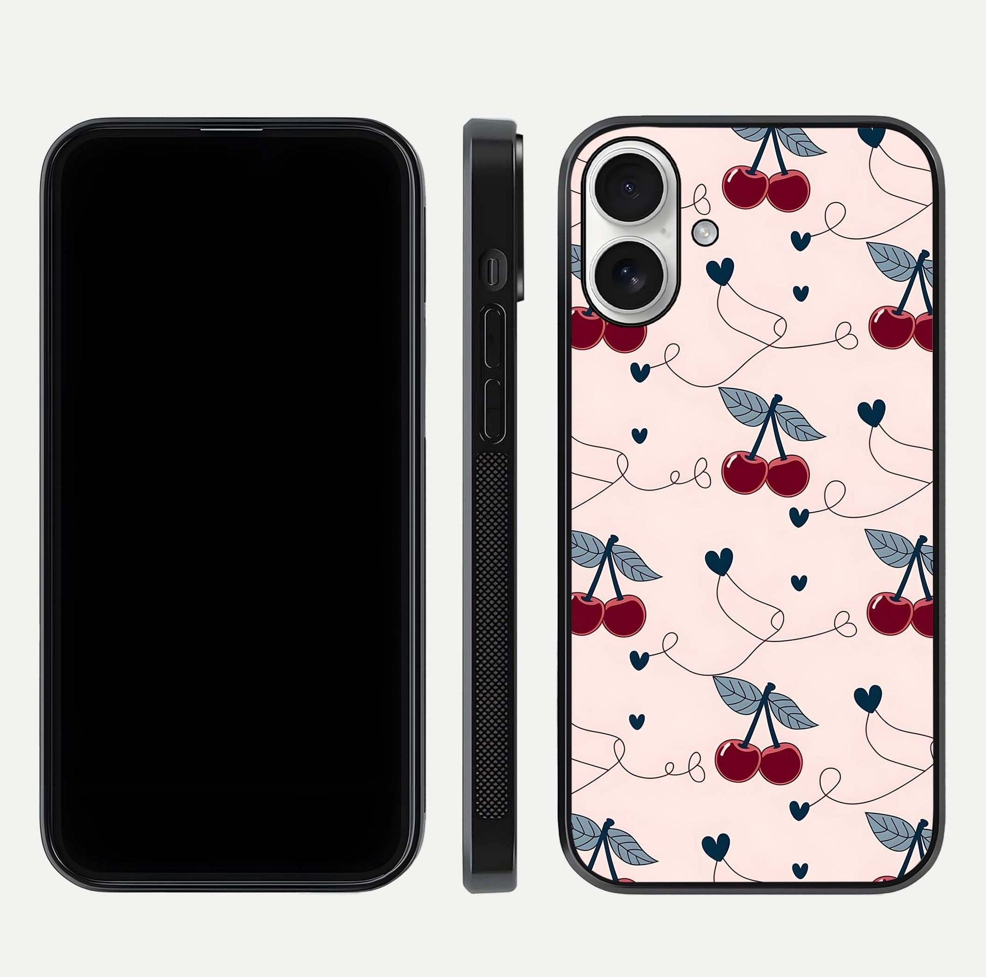 Cherry Heart Line Glass Case for iPhone 17 dual-view layout displaying minimal cherry motif and edge design