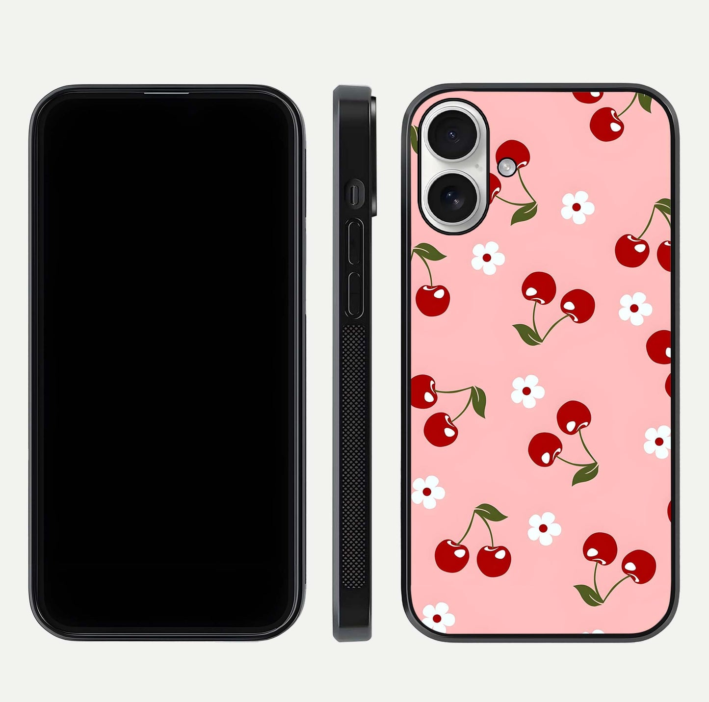 Cherry Love Mood Glass Case for iPhone 17 dual-view layout showing design alignment and curved edges