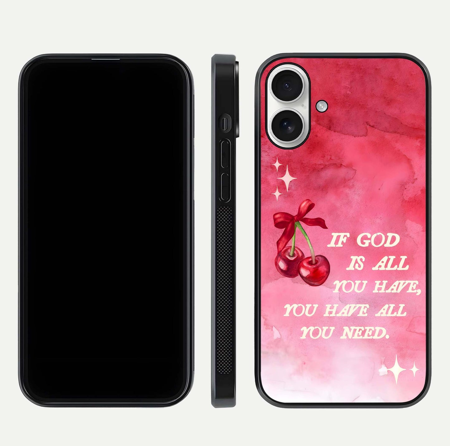 Cherry Quote Glass Case for iPhone 17 dual-view layout showing red cherry tones and text balance