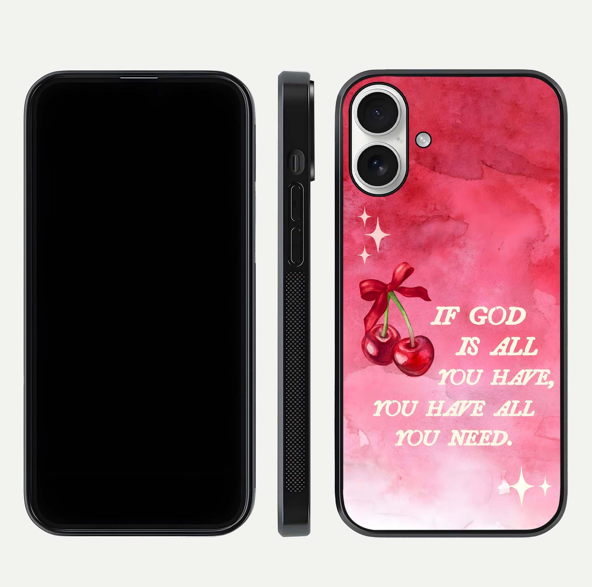 Cherry Quote Glass Case for iPhone 17 dual-view layout showing red cherry tones and text balance