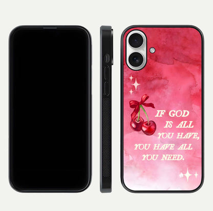 Cherry Quote Glass Case for iPhone 17 dual-view layout showing red cherry tones and text balance