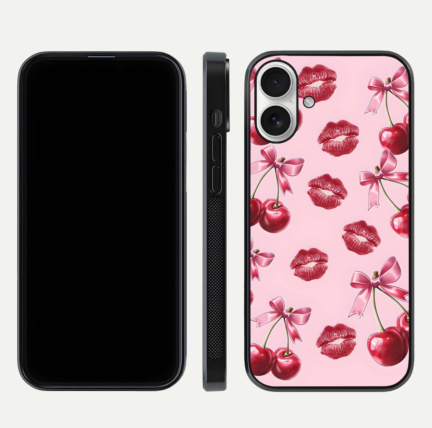 Cherry With Lips Glass Case for iPhone 17 front-and-back layout displaying detailed design and glass finish