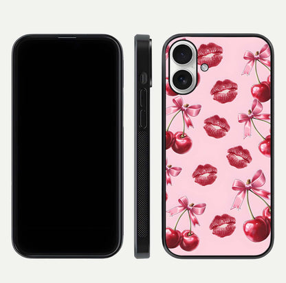 Cherry With Lips Glass Case for iPhone 17 front-and-back layout displaying detailed design and glass finish