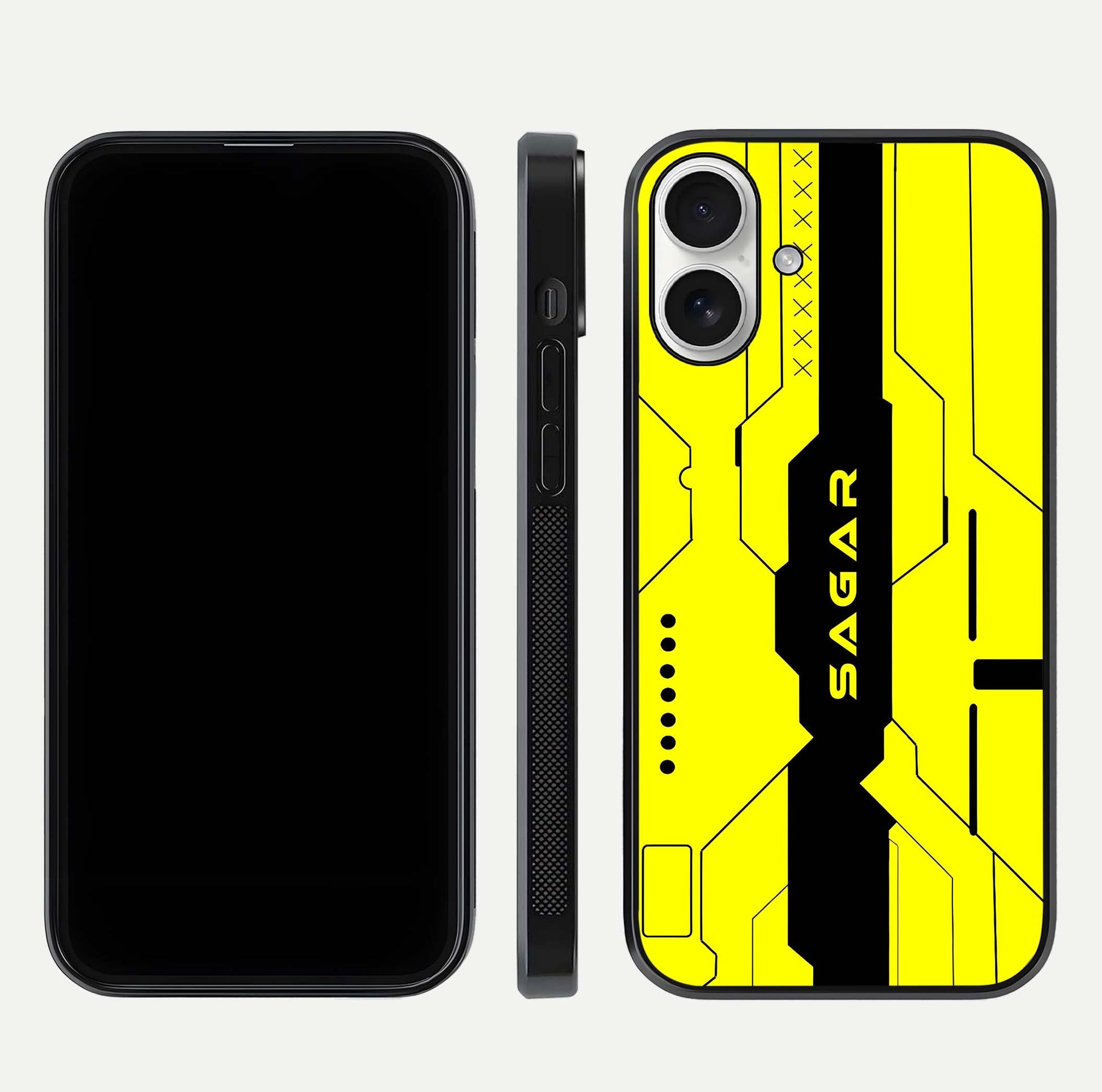 Circuit CYBERPUNK Custom Name Glass Case for iPhone 17 dual-view layout showing bold tech art and edge clarity