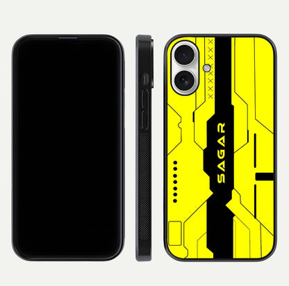 Circuit CYBERPUNK Custom Name Glass Case for iPhone 17 dual-view layout showing bold tech art and edge clarity