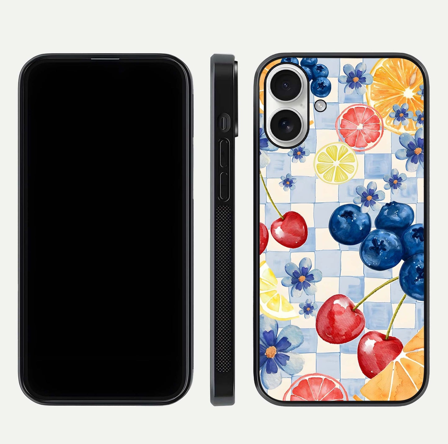 Citrus Bloom Joy Glass Case for iPhone 17 dual-view layout displaying colorful print and smooth edges