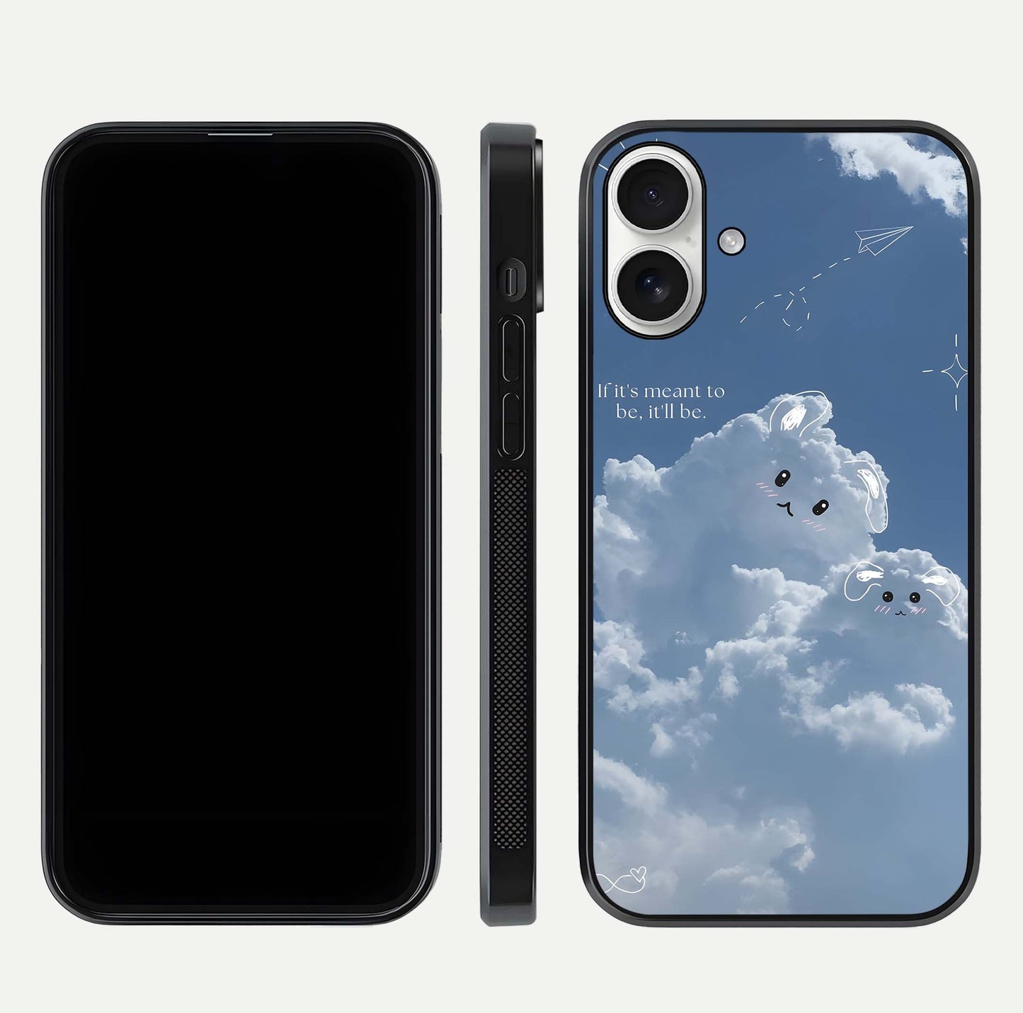 Cloud Bunny Dreams Glass Case for iPhone 17 dual-view layout displaying aesthetic tones and smooth polish