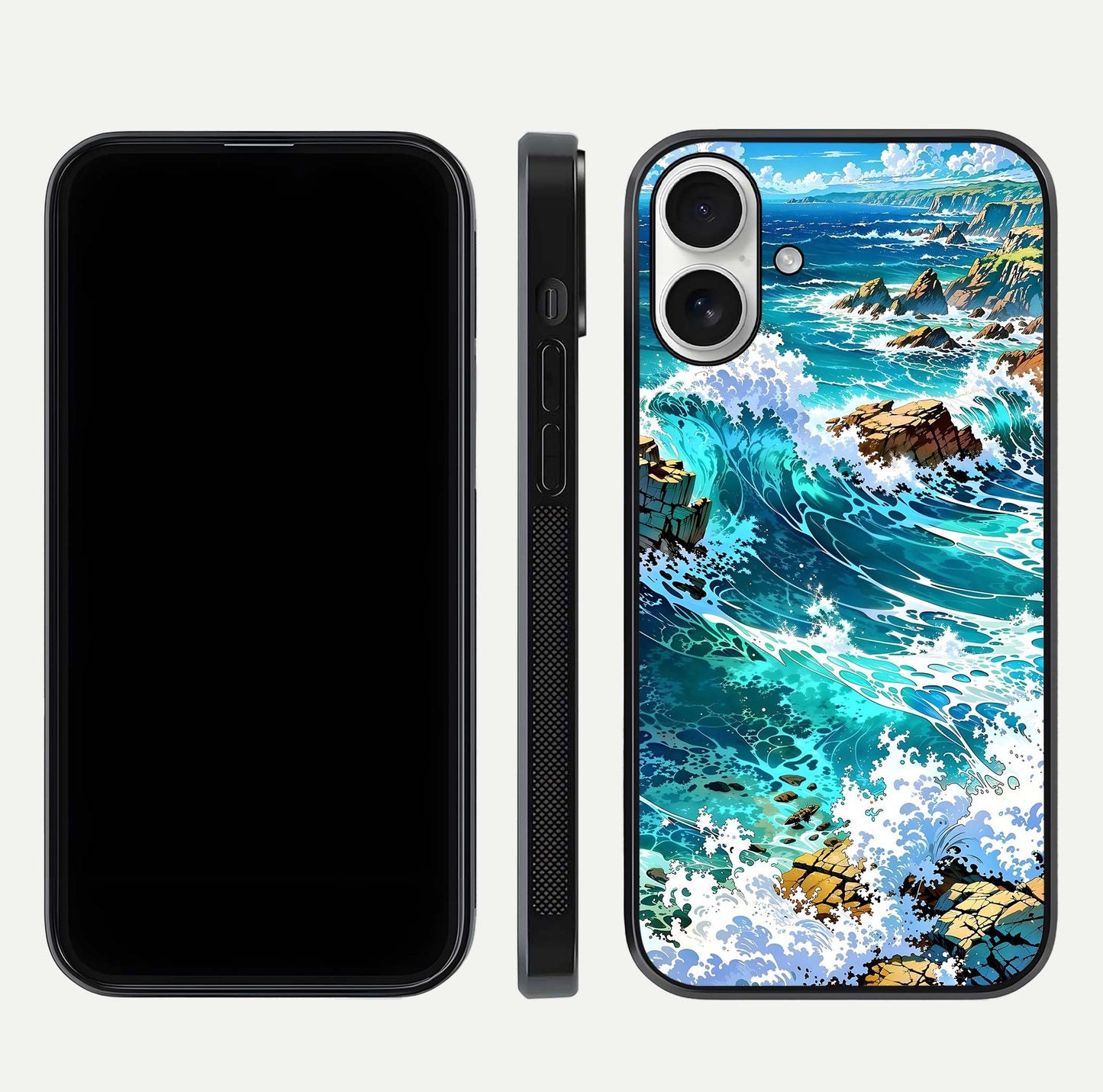 Coastal Blue Waves Glass Case for iPhone 17 dual-view layout displaying sea tones and curved finish