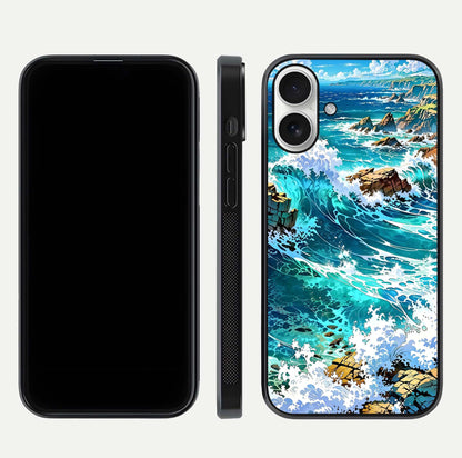 Coastal Blue Waves Glass Case for iPhone 17 dual-view layout displaying sea tones and curved finish