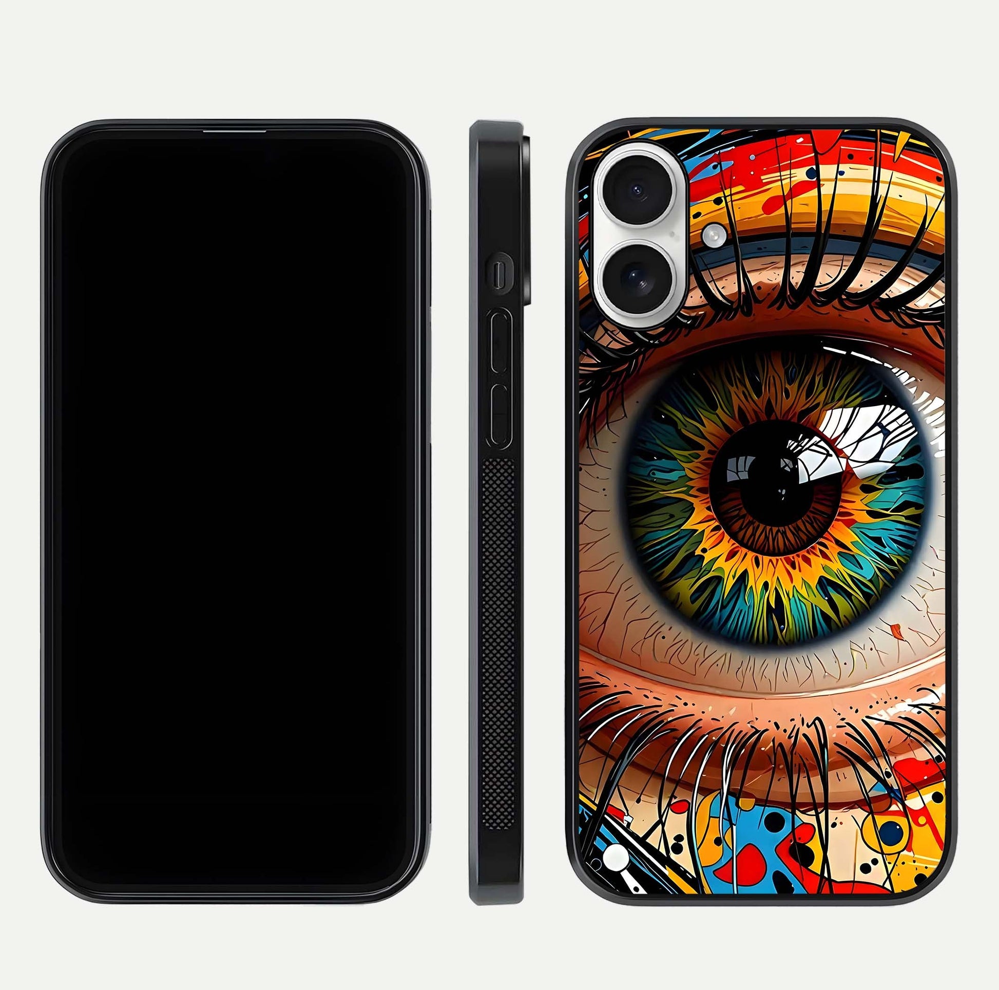 Colorful Eye Glass Case for iPhone 17 dual-view layout displaying vivid tones and smooth glass edges