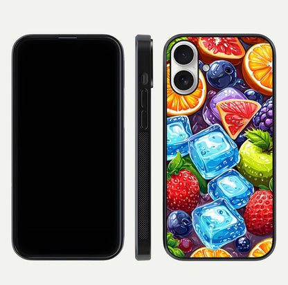 Colorful Fruits with Ice Glass Case for iPhone 17 dual-view layout showing fresh tones and polished edges