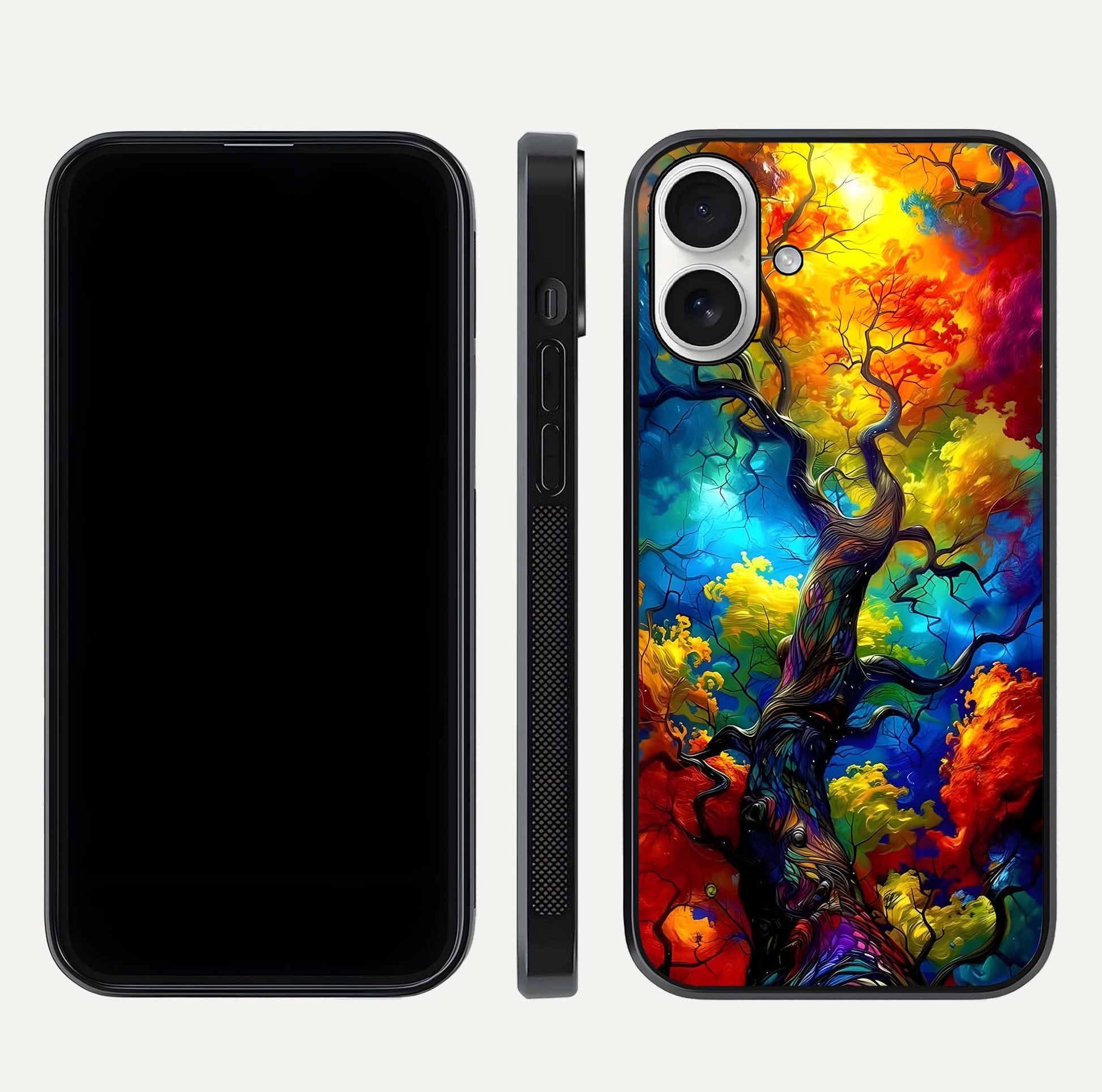Colorful Tree Glass Case for iPhone 17 dual-view layout displaying balanced tones and smooth edges