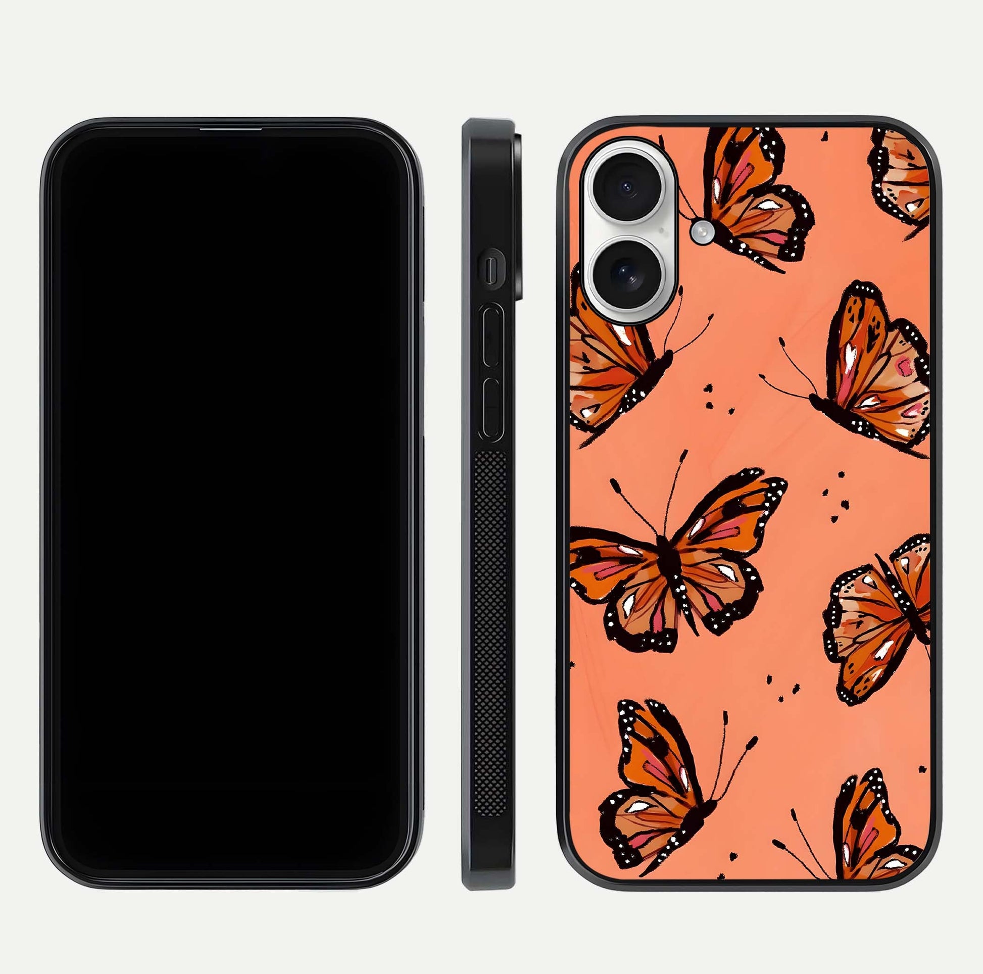 Coral Wing Butterfly Glass Case for iPhone 17 dual-view layout displaying soft floral tones and curved edges