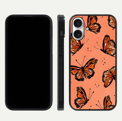 Coral Wing Butterfly Glass Case for iPhone 17 dual-view layout displaying soft floral tones and curved edges