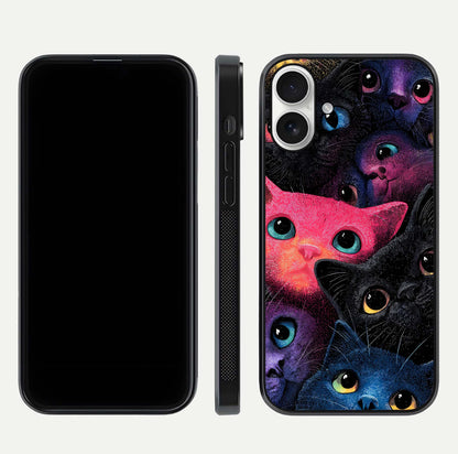 Cosmic Cats Dreams Glass Case for iPhone 17 dual-view layout displaying HD print and glossy shine