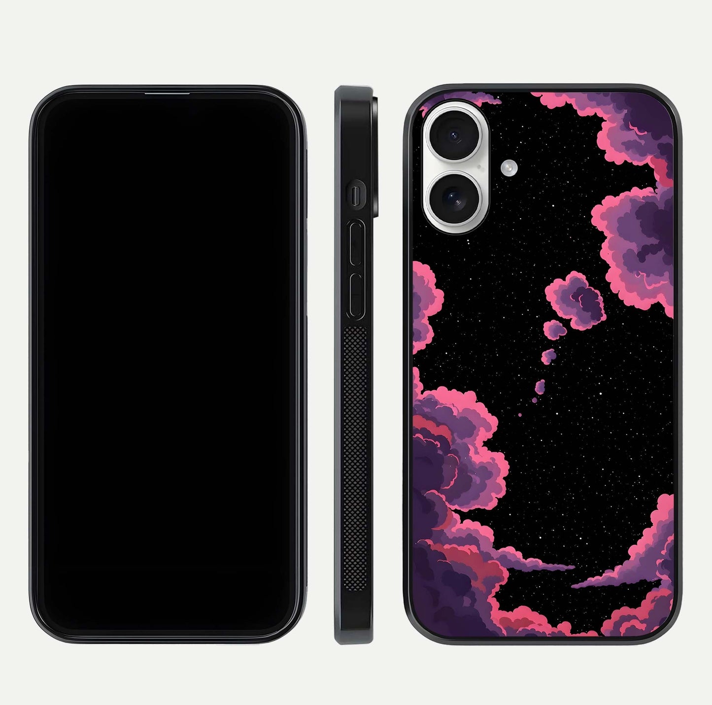 Cosmic Cloud Journey Glass Case for iPhone 17 dual-view layout displaying celestial tones and edge clarity