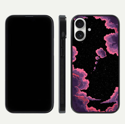 Cosmic Cloud Journey Glass Case for iPhone 17 dual-view layout displaying celestial tones and edge clarity