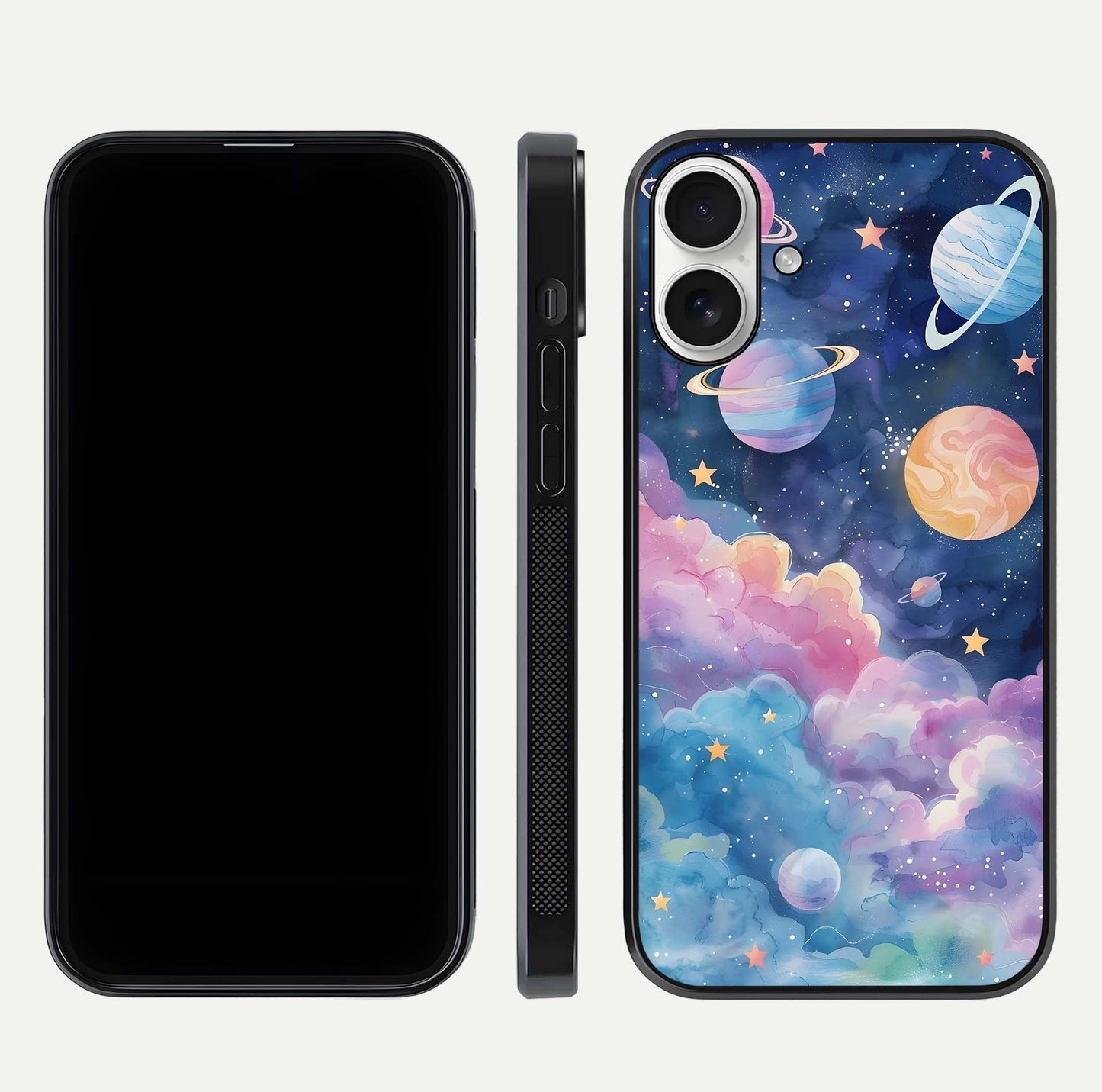 Cosmic Planet Dreams Glass Case for iPhone 17 dual-view layout displaying galaxy colors and curved finish